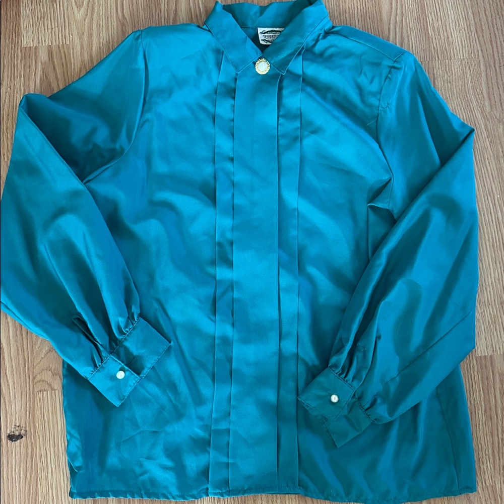 Vintage Teal Button-Up Blouse faux Pearl Buttons